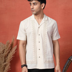Men's White Color Embroidered Cotton Cubans Collar Shirt