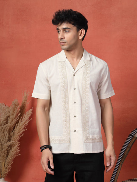 Men's White Color Embroidered Cotton Cubans Collar Shirt