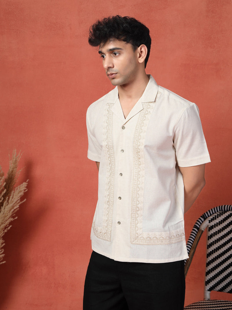 Men's White Color Embroidered Cotton Cubans Collar Shirt