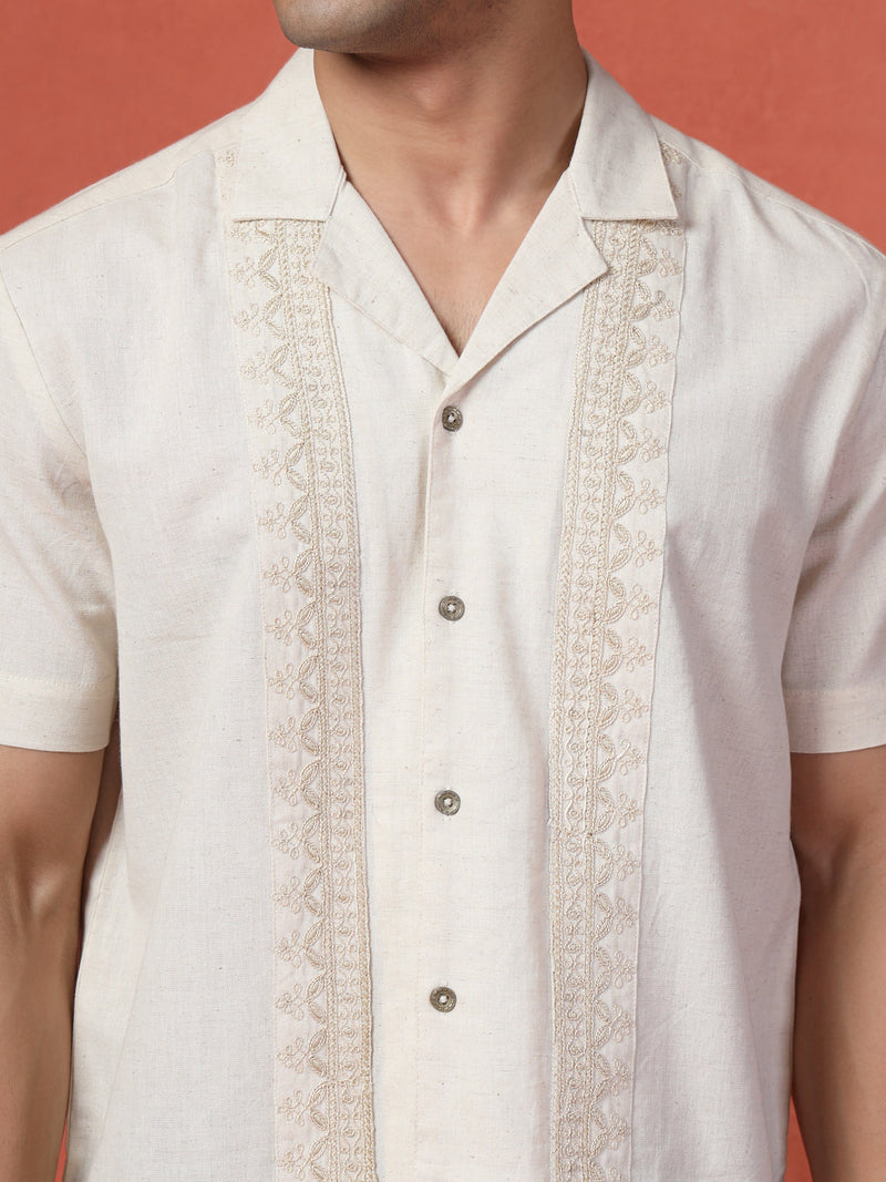 Men's White Color Embroidered Cotton Cubans Collar Shirt
