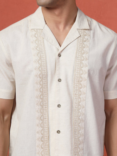 Men's White Color Embroidered Cotton Cubans Collar Shirt