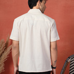 Men's White Color Embroidered Cotton Cubans Collar Shirt