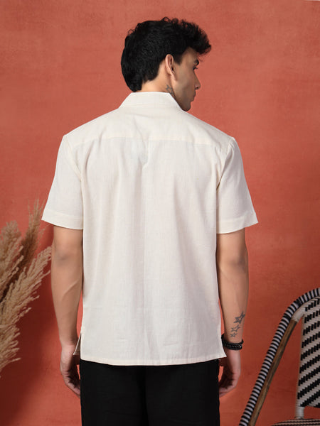 Men's White Color Embroidered Cotton Cubans Collar Shirt