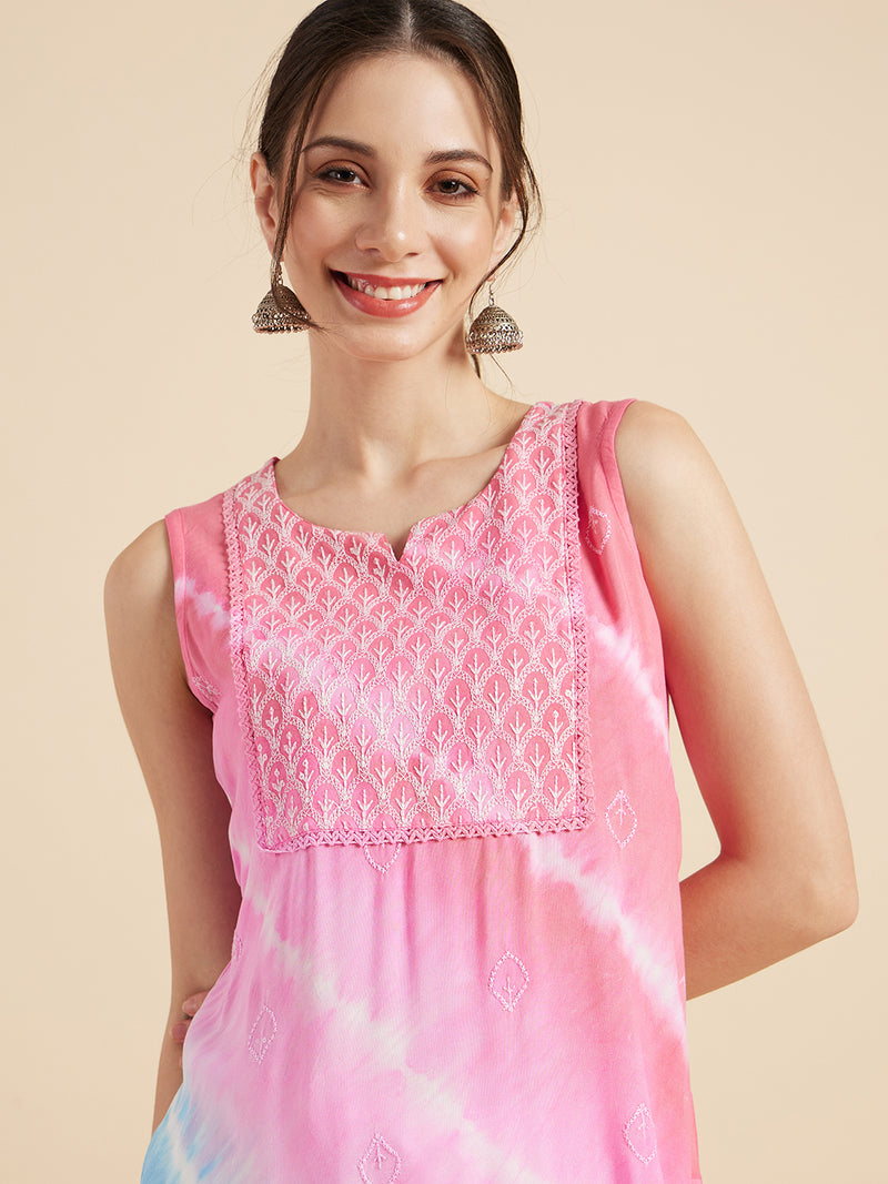 Pink Tie-Dye Straight Kurta Close View