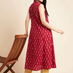 Women Maroon Color Floral Printed Sleeveless Cotton A-Line Kurta