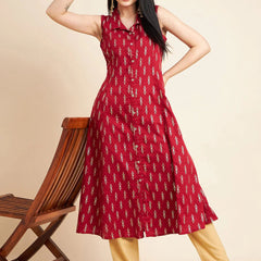 Women Maroon Color Floral Printed Sleeveless Cotton A-Line Kurta