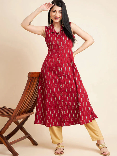 Women Maroon Color Floral Printed Sleeveless Cotton A-Line Kurta