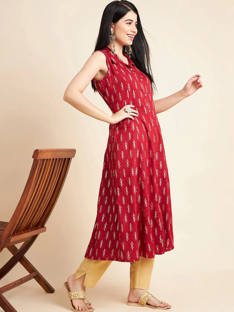Women Maroon Color Floral Printed Sleeveless Cotton A-Line Kurta