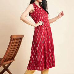 Women Maroon Color Floral Printed Sleeveless Cotton A-Line Kurta