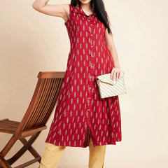Women Maroon Color Floral Printed Sleeveless Cotton A-Line Kurta
