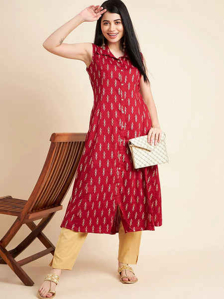 Women Maroon Color Floral Printed Sleeveless Cotton A-Line Kurta