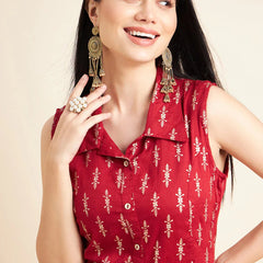 Women Maroon Color Floral Printed Sleeveless Cotton A-Line Kurta