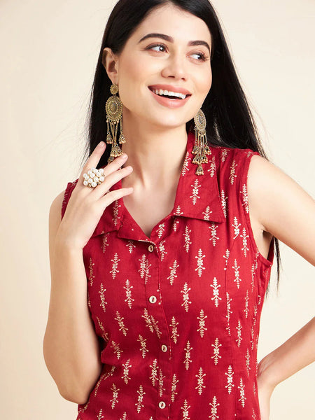 Women Maroon Color Floral Printed Sleeveless Cotton A-Line Kurta