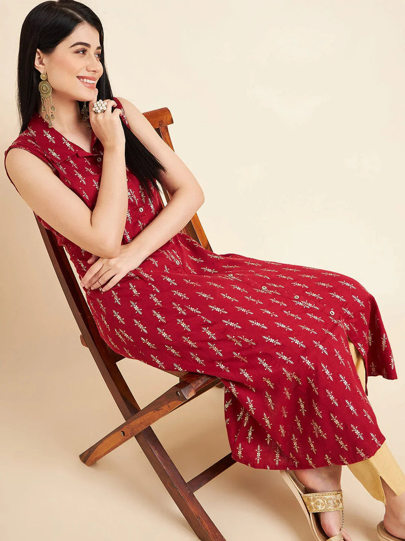 Women Maroon Color Floral Printed Sleeveless Cotton A-Line Kurta