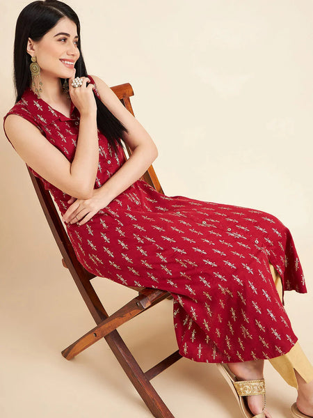 Women Maroon Color Floral Printed Sleeveless Cotton A-Line Kurta
