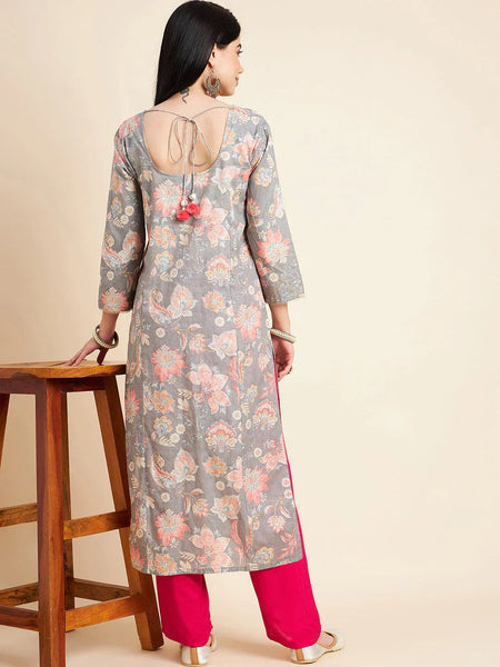 RAMA'S Women Grey Floral Printed Cotton Straight Kurta