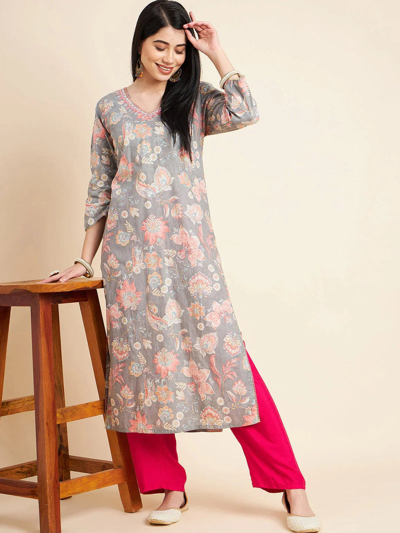 RAMA'S Women Grey Floral Printed Cotton Straight Kurta
