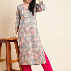 RAMA'S Women Grey Floral Printed Cotton Straight Kurta