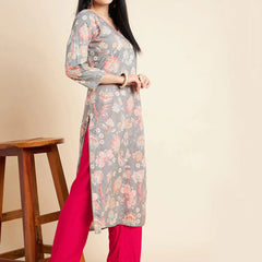 RAMA'S Women Grey Floral Printed Cotton Straight Kurta
