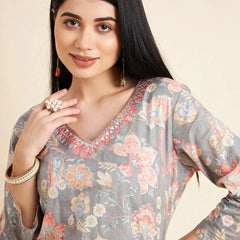 RAMA'S Women Grey Floral Printed Cotton Straight Kurta