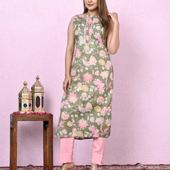 Women Green Keyhole Neck straight Kurta