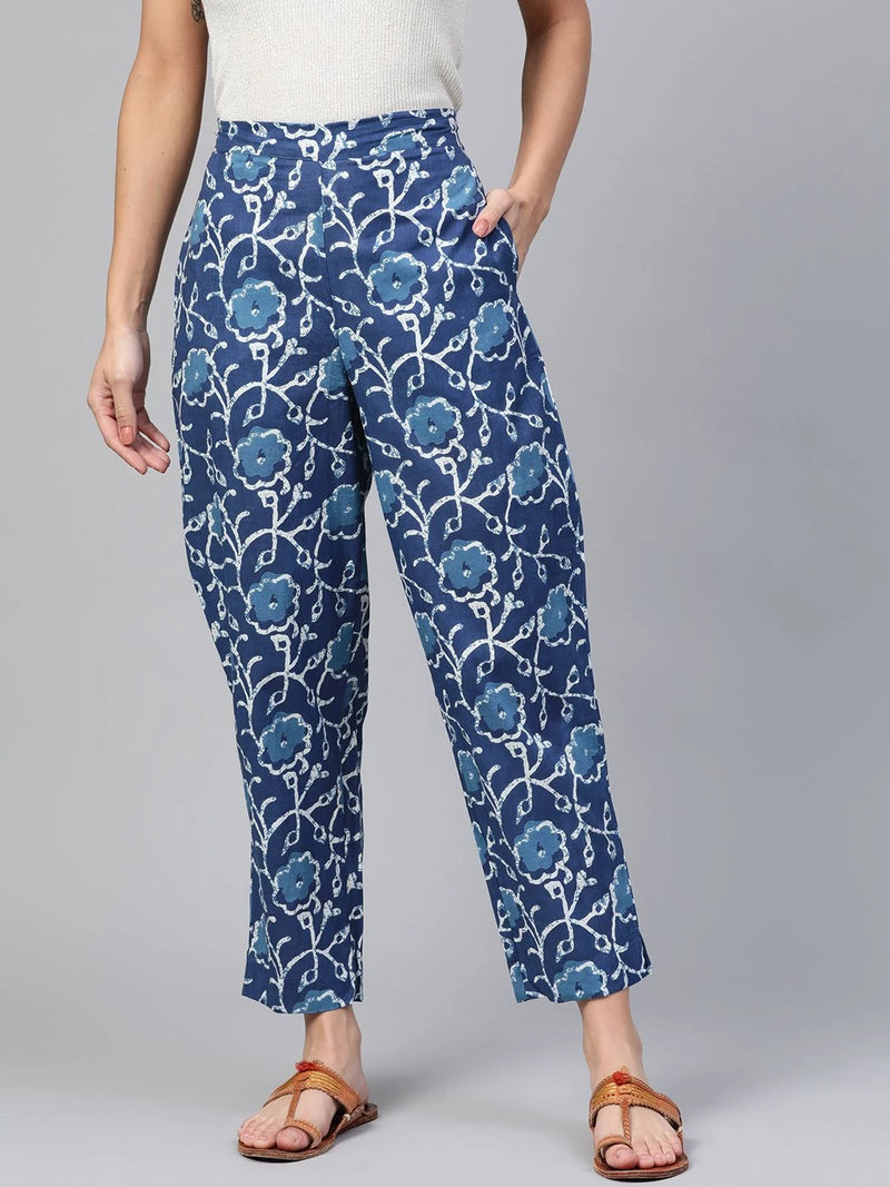Women Blue Floral Printed Cotton Trousers
