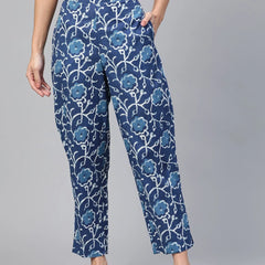 Women Blue Floral Printed Cotton Trousers