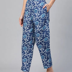 Women Blue Floral Printed Cotton Trousers