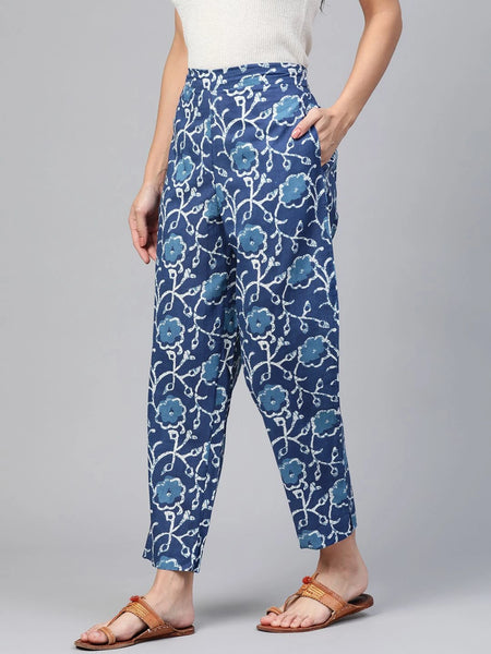 Women Blue Floral Printed Cotton Trousers