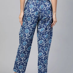 Women Blue Floral Printed Cotton Trousers