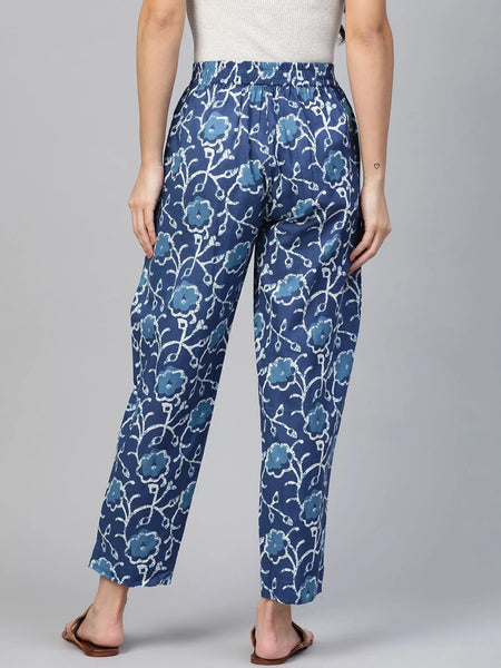 Women Blue Floral Printed Cotton Trousers