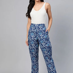 Women Blue Floral Printed Cotton Trousers