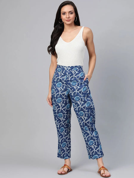 Women Blue Floral Printed Cotton Trousers