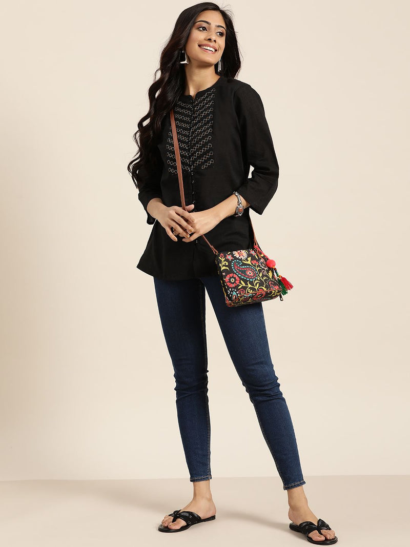 Black Printed Peplum Kurta Standing