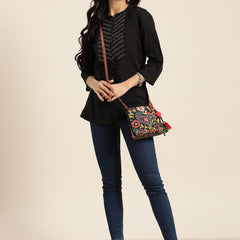 Black Printed Peplum Kurta Standing