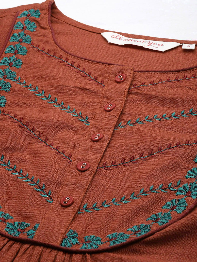Rust Pleated Yoke Kurta Neck Design