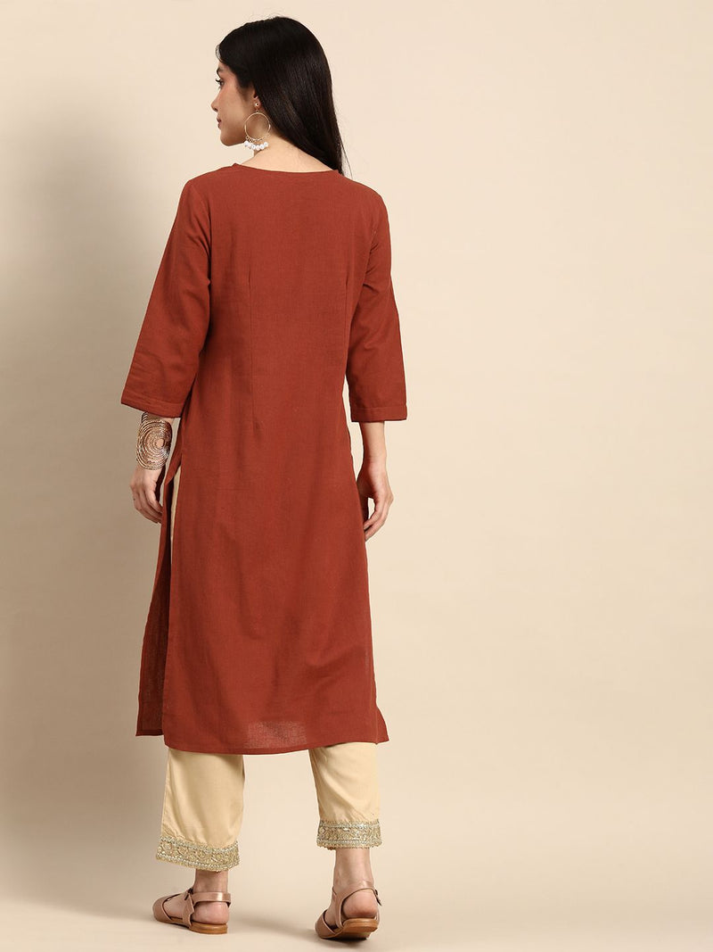 Rust Pleated Yoke Kurta Back