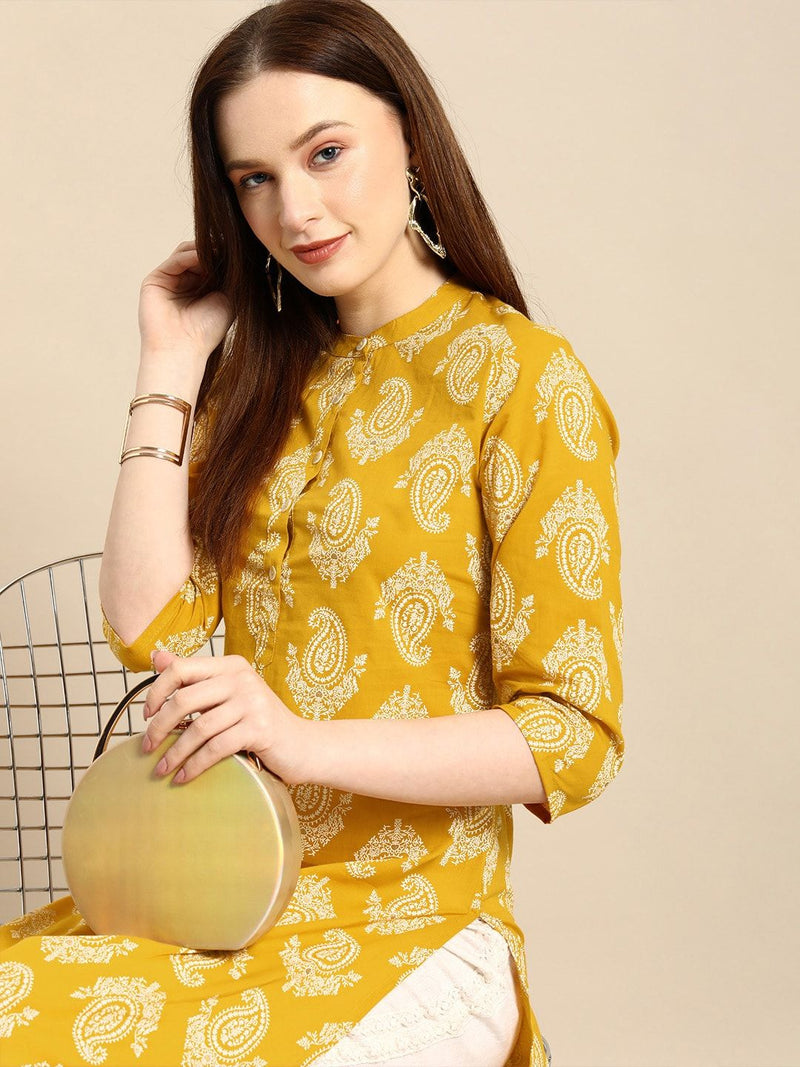 Yellow Floral Printed Mandarin Collar Kurta for Women