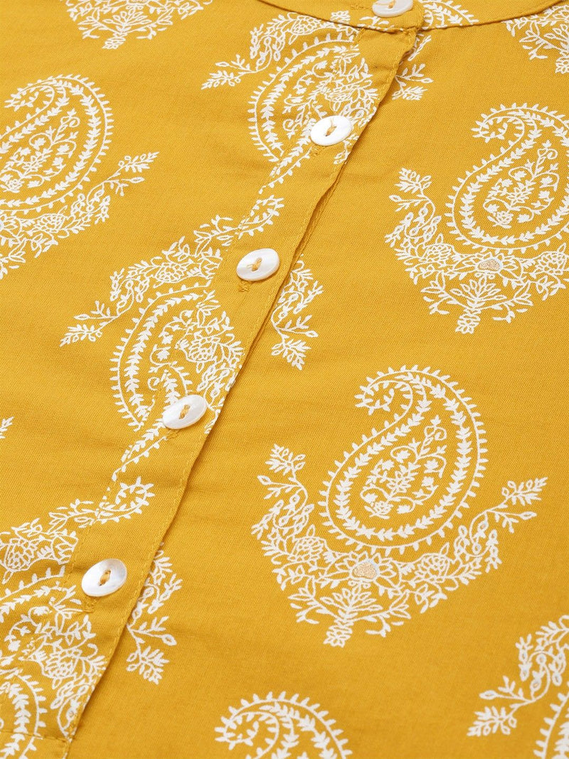 Yellow Floral Printed Mandarin Collar Kurta for Women Image