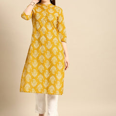 Yellow Floral Printed Mandarin Collar Kurta for Women Front