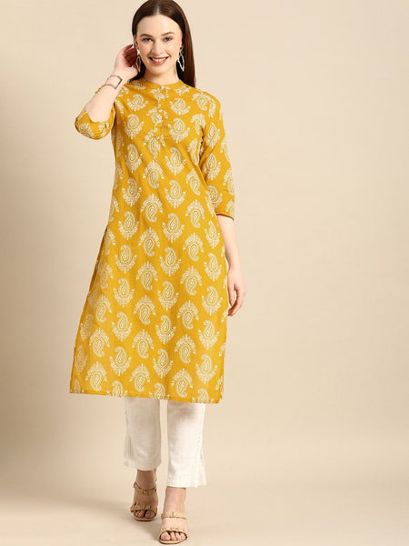 Floral Print Yellow Kurta Front