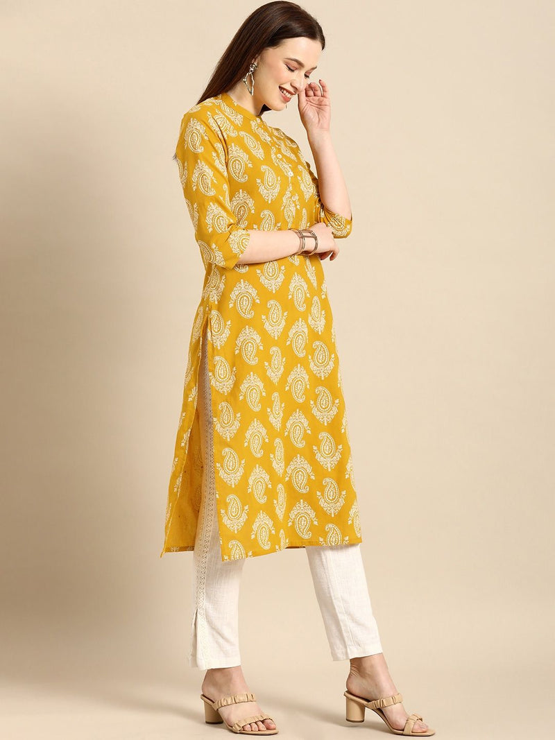 Yellow Floral Printed Mandarin Collar Kurta for Women Side