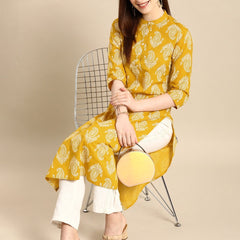 Floral Print Yellow Kurta Sitting