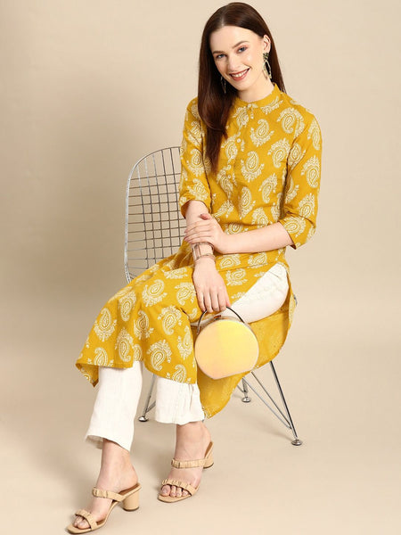 Floral Print Yellow Kurta Sitting
