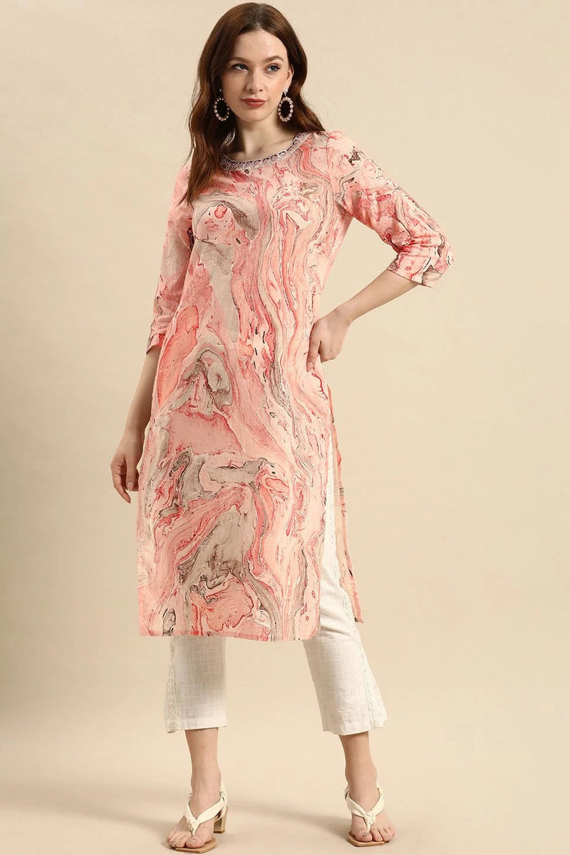 Front view peach cotton kurta women
