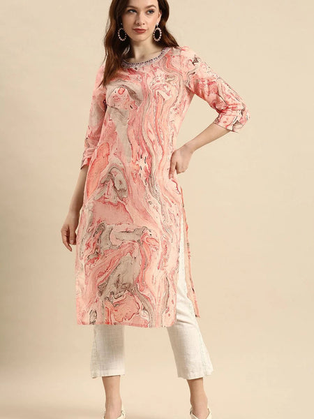 Front view peach cotton kurta women
