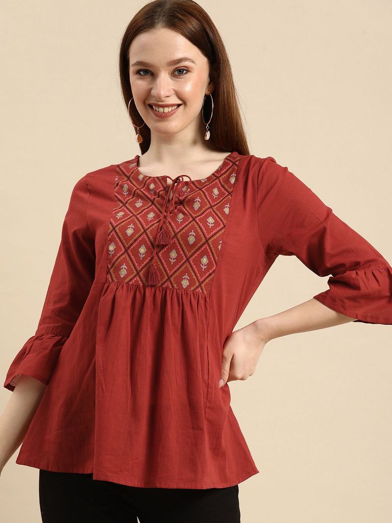 Rust Embroidered Tie-Up Neck Top for Women Front