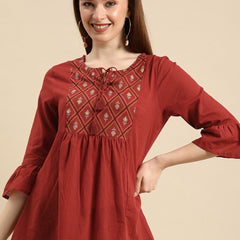 Rust Embroidered Tie-Up Neck Top for Women Front