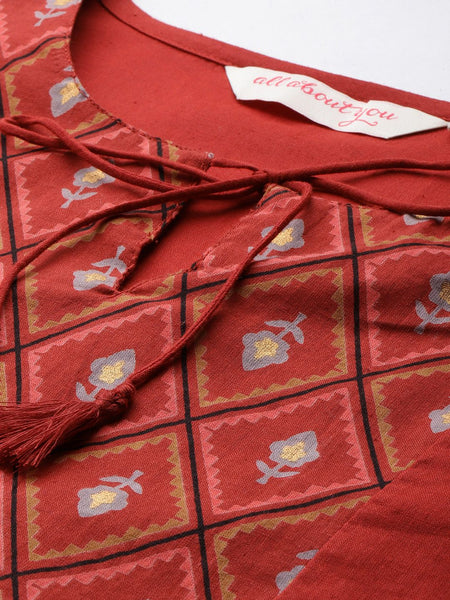 Rust Embroidered Tie-Up Neck Top 