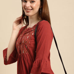Rust Embroidered Tie-Up Neck Top for Women Side